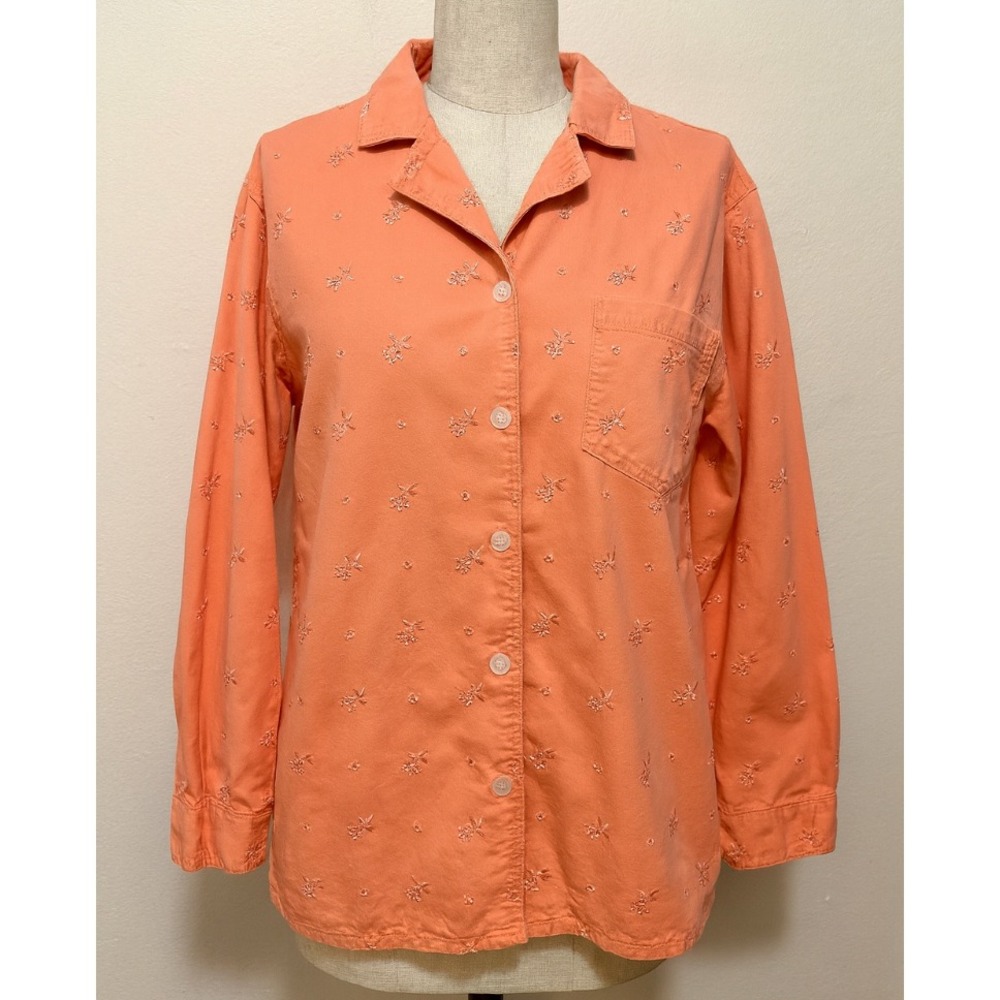 Denim & Co. Embroidered Button Down Shirt Coral Medium Blouse Top Casual - Picture 1 of 7
